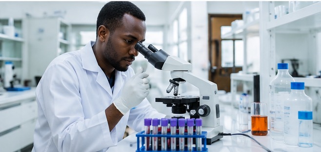 A laboratory technologist examining samples under a microscope