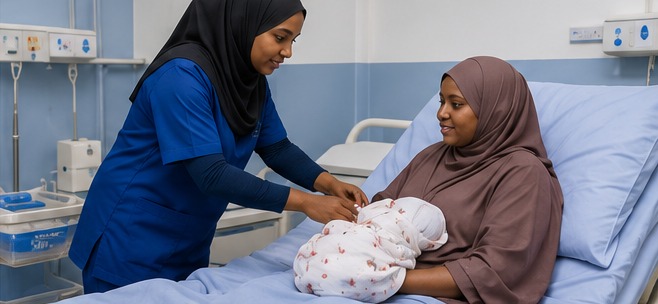 A nurse caring for a mother and her newborn in the maternity ward