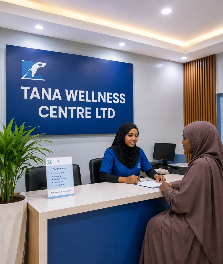 Reception desk at Tana Wellness Centre Ltd in Hola, with a staff member assisting a patient